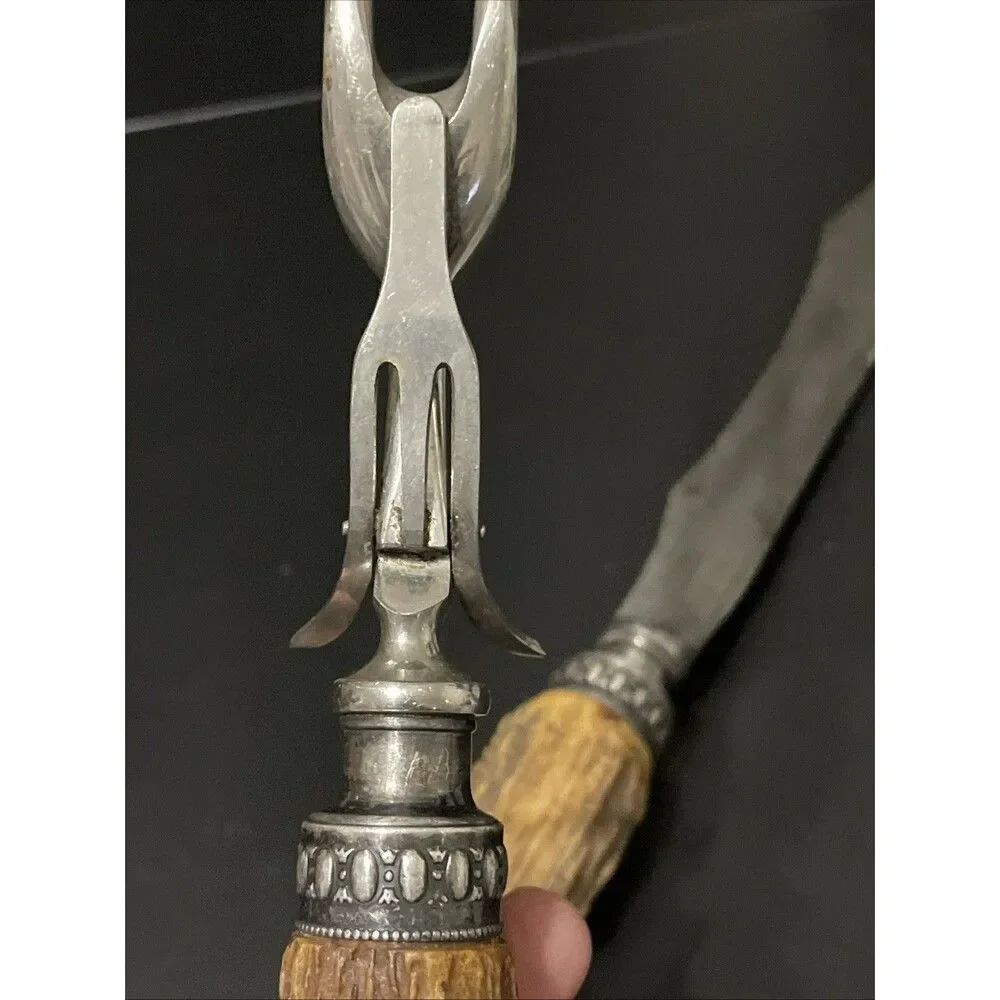 Vintage Meriden Cutlery Co. Carving Set – Antler Handles, Sterling Silver Accent